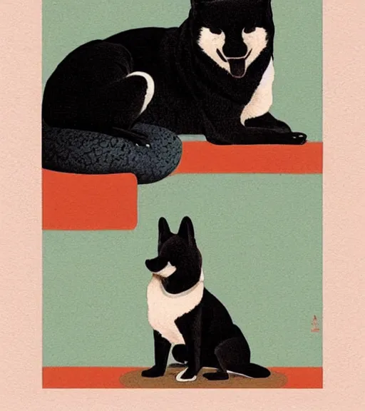 Image similar to black shiba sitting on black shiba by sachin teng, okami, hasui kawase