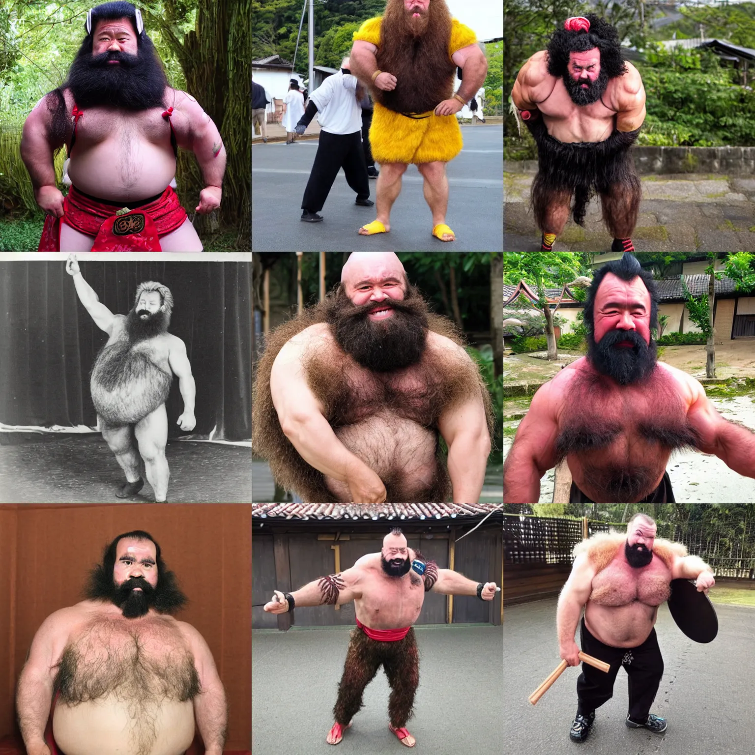 Prompt: big hairy strongman wearing an opened keikogi