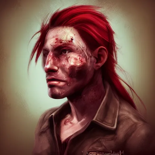 Image similar to portrait, 30 years old man :: red hair ponytail :: burned face, grimy :: high detail, digital art, RPG, concept art, illustration