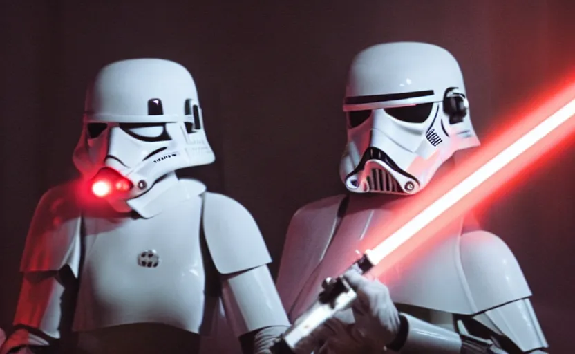 Prompt: a screenshot of a female sith lord in white approaches with a lightsaber, surrounded by dark troopers, red environment, from the 1979 film directed by Stanley Kubrick, shot on anamorphic lenses, cinematography, 70mm film, lens flare, kodak color film stock, ektachrome, immensely detailed scene, 4k