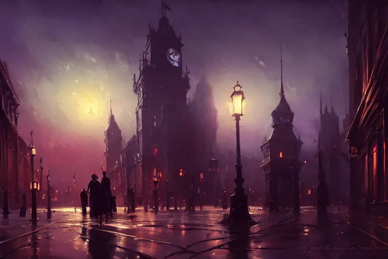 Image similar to an victorian city, scene in the night, lovecraftian horror in the background sky. 1 8 9 0, key visual, conceptart, ambient lighting, highly detailed, digital painting, artstation, concept art, sharp focus, by makoto shinkai and akihiko yoshida and greg manchess