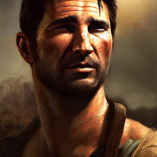 Image similar to ultra realistic portrait painting of nathan drake, art by frank frazetta, 4 k, ultra realistic, highly detailed, epic lighting