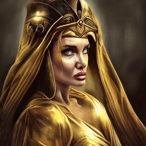 Image similar to Angelina Jolie as ancient greek woman in golden helmet, giant grey-haired bearded Liam Neeson face in the sky, epic fantasy style art, fantasy epic digital art