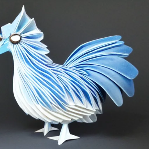 Prompt: beautiful, glorious porcelain origami chicken emperor, blue and silver colors, 3 d rtx hd