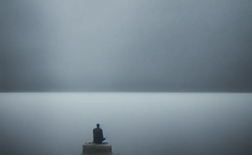 Image similar to cinematic shot of a lonely man at a suicide lake, moody scene from being john malcovich directed by charlie kaufman ( 2 0 0 1 ), foggy volumetric light morning, anamorphic lenses, kodak color film stock