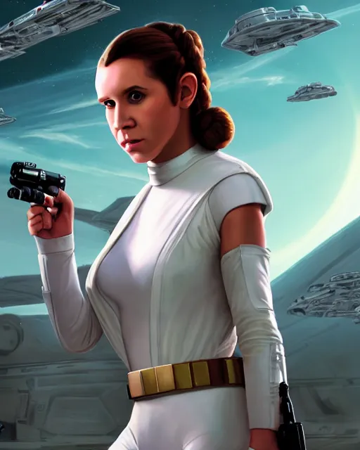 Image similar to portrait of young princess leia on the millennium falcon, star wars, gta v, hyper realistic, glamorous pose, ambient lighting, concept art, intricate, hyper detailed, smooth, action, volumetric lighting, george lucas, arney fretag, ralph mcquarrie, octane