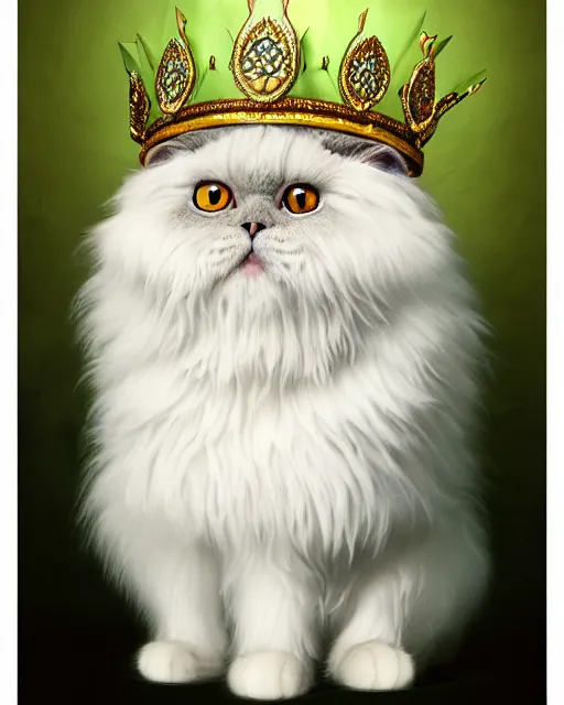 Image similar to highly detailed surreal vfx portrait of a persian cat with green eyes, wearing a queens crown, stephen bliss, unreal engine, greg rutkowski, loish, rhads, beeple, makoto shinkai and lois van baarle, ilya kuvshinov, rossdraws, tom bagshaw, alphonse mucha, global illumination, detailed and intricate environment