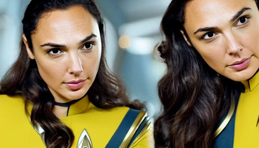 Image similar to Gal Gadot, wearing a yellow uniform, is the captain of the starship Enterprise in the new Star Trek movie