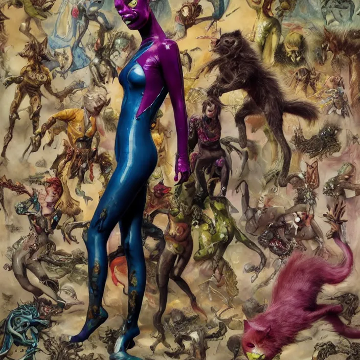 Image similar to a fashion editorial of brie larson as a brightly colored alien cat hybrid super hero vampire with wet mutated scaled skin. wearing a infected transparant organic catsuit. by tom bagshaw, donato giancola, hans holbein, walton ford, gaston bussiere, peter mohrbacher, brian froud and iris van herpen. 8 k, cgsociety
