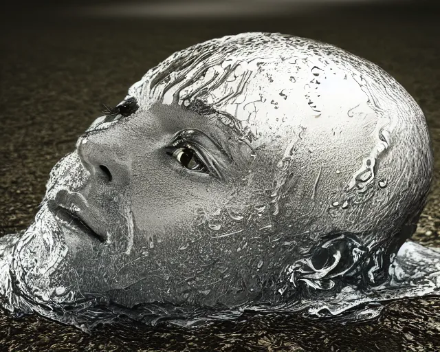 Prompt: water art manipulation of a realistic human head coming out of the ground, surreal, hyper realistic, ray tracing, realistic water, sharp focus, 8 k resolution, cinematic