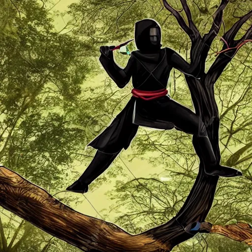 Image similar to a ninja with sword standing on a tree practicing, realistic