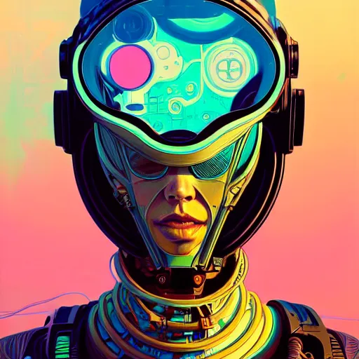 Image similar to high quality high detail portrait of a cybernetic diesel punk in an alien world, tristan eaton, victo ngai, artgerm, rhads, ross draws, hyperrealism, intricate detailed, alphonse mucha, 8 k, sci - fi, pastel colors, artstation,