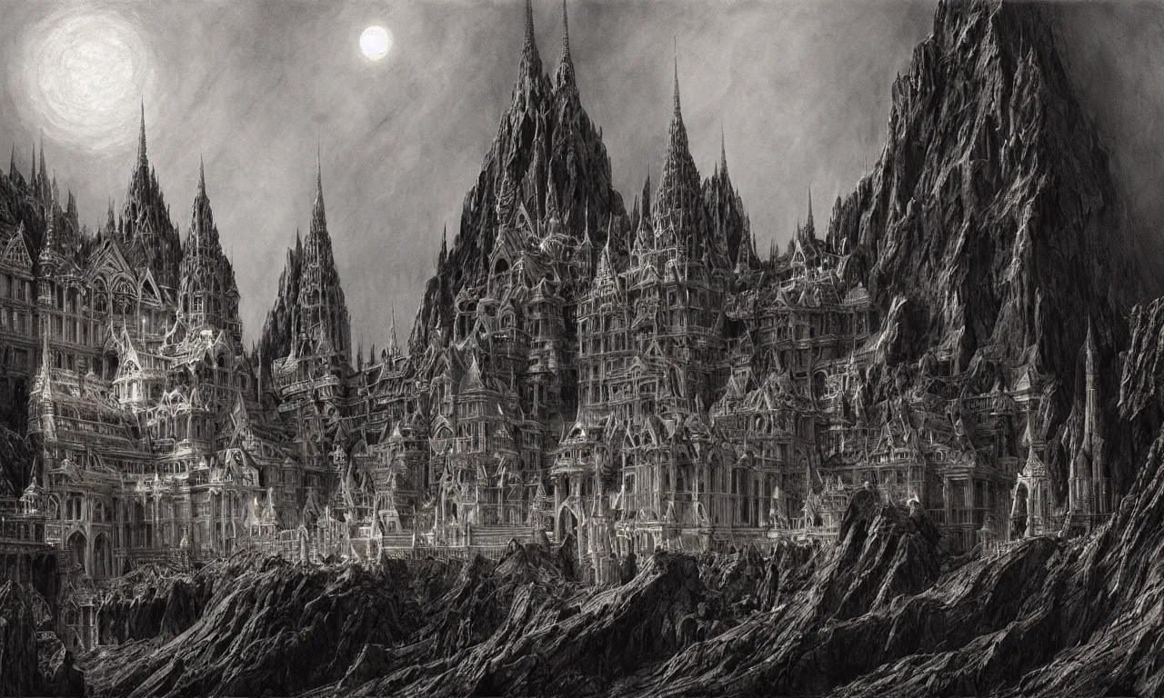 Prompt: A Spectacular View of the Grand Palace of a King of Hell, art by Gustav Dorê and Marc Simonetti and Alan Lee