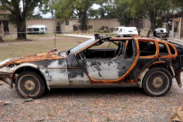 Prompt: rusty, decayed, damaged 1 9 2 2 delorean