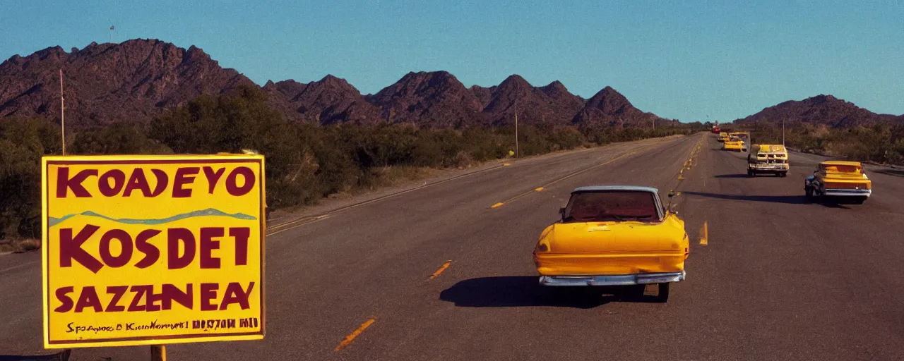 Image similar to highway advertisements promoting spaghetti, highway 5 0, arizona, sunset, canon 2 0 mm, shallow depth of field, kodachrome, in the style of wes anderson