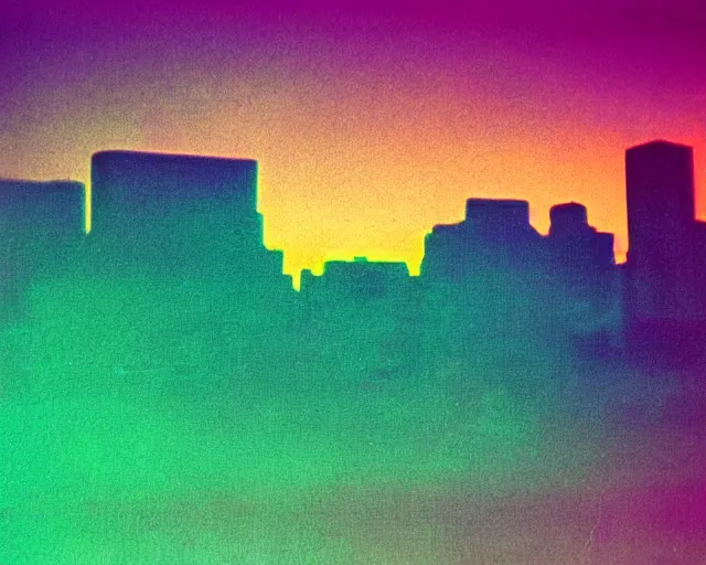 Prompt: futuristic chrome city, violet and yellow sunset, polaroid photo, atmospheric, whimsical and psychedelic, grainy, expired film, glitched