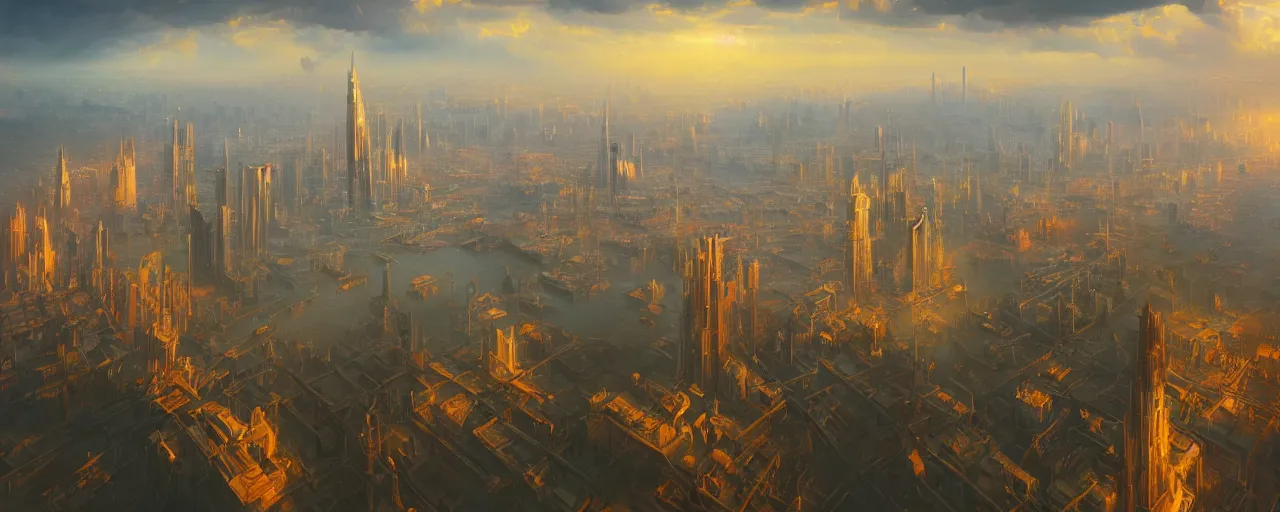 Prompt: city floating in the cloud, highly detailed oil painting, unreal 5 render, rhads, bruce pennington, tim hildebrandt, digital art, octane render, beautiful composition, trending on artstation, award - winning photograph, masterpiece