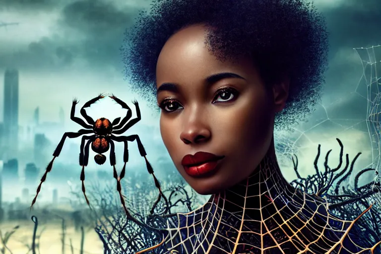 Prompt: realistic detailed closeup portrait movie shot of a beautiful black woman with a giant spider, dystopian city landscape background by denis villeneuve, amano, yves tanguy, alphonse mucha, max ernst, kehinde wiley, ernst haeckel, caravaggio, roger dean, cyber necklace, rich moody colours, sci fi patterns, wide angle