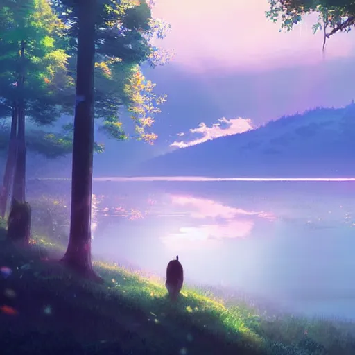 Image similar to beautiful lakeside scene with forest and mountains and birds in the air, sunbeams colorful foggy by makoto shinkai, ross tran