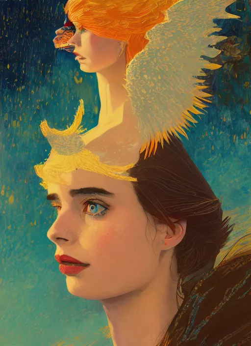 Image similar to a close up gouache painting portrait of emma roberts krysten ritter as the angel of the apocalypse in the style of horizon zero dawn, by victo ngai, by odilon redon, by delphin enjolras, by hikari shimoda,.