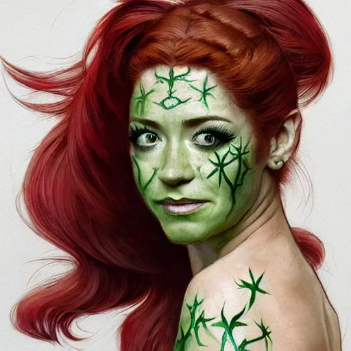 Prompt: a stunningly detailed illuminated manuscript of a beautiful alyson hannigan dressed as poison ivy with white skin and with hair pulled up in a ponytail, dark eyeliner, intricate, elegant, highly detailed, digital painting, artstation, concept art, sharp focus, illustration, art by greg rutkowski and alphonse mucha