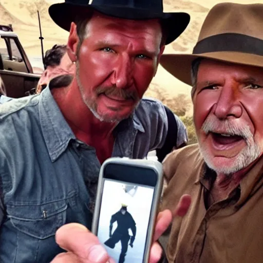 Image similar to chris patt as indiana jones 5, epic pose, selfie with harrison ford