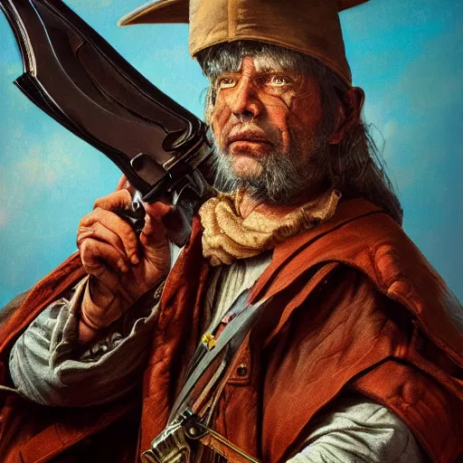 Prompt: realistic extremely detailed photo style portrait painting of a 1700s pilgrim holding a gun and a sword, moebius, brom, ian miller, HR Giger, moody vibrant colors, octane render, 4k