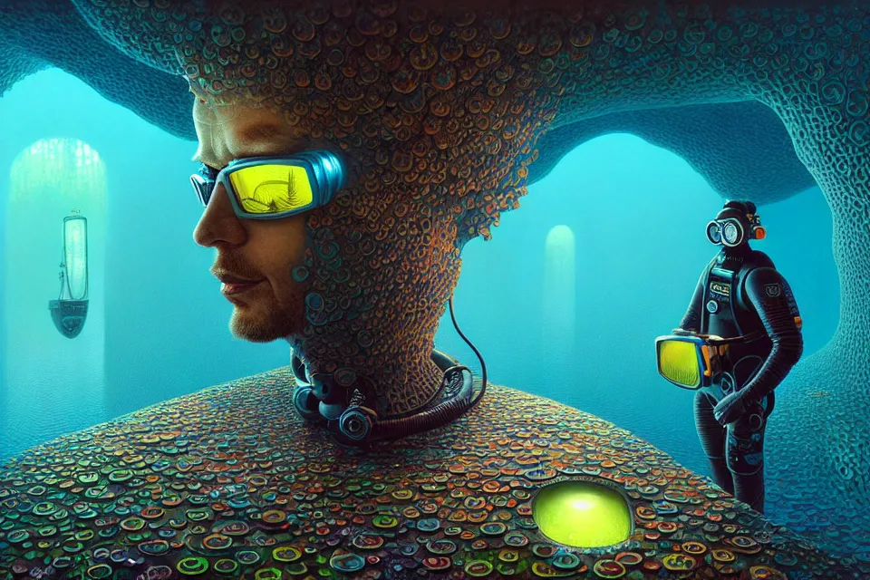 Prompt: gediminas pranckevicius detailed portrait of a cyberpunk scuba diver inside a coral dmt lsd acid caustics volumetric light octane render portal by james r eads and tomasz alen kopera