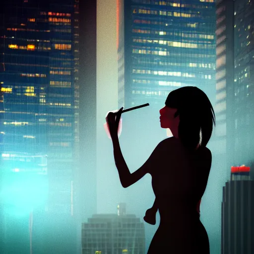 Prompt: girl smoking on top of a skyscraper, cyberpunk, dimly lit, digital art, volumetric lighting