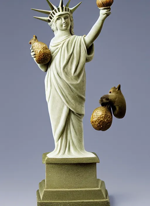 Image similar to A marble statue of a squirrel holding an acorn in the style of Statue of Liberty. museum photo