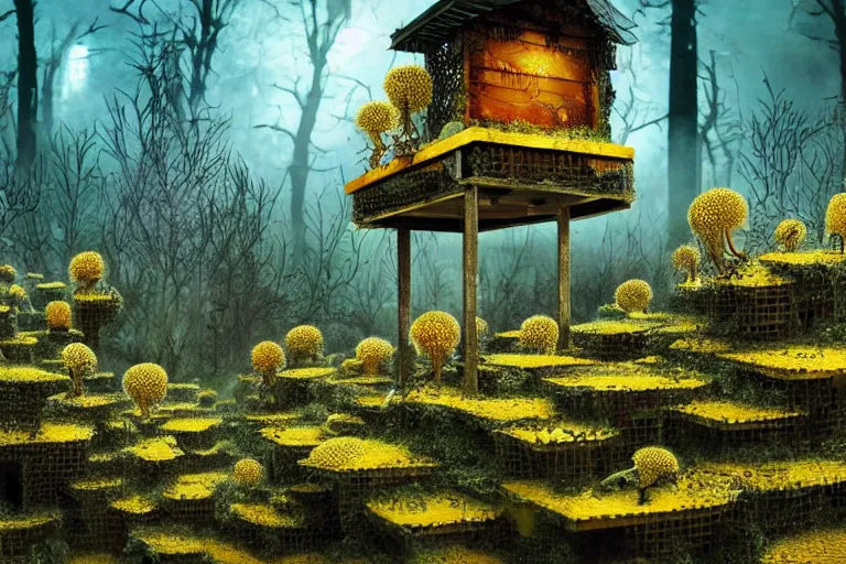 Image similar to elegance, favela garden honeybee hive, slime mold forest environment, industrial factory, spooky, award winning art, epic dreamlike fantasy landscape, ultra realistic,