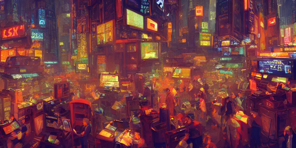 Prompt: beautiful digital painting of traders in the new york stock exchange, by paul lehr and mark kolobaev, science fiction, mix of styles, highly detailed, intricate, studio ghibli color scheme, masterpiece