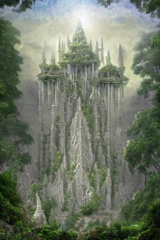 Image similar to ancient fractal temple megastructure in the hanging gardens of a radiant cathedral, overgrown garden, many white flowers, scanned earth terrain bridges, erosion algorithm landscape, by albert bierdstat, by glenn small, high fantasy, high resolution, photorealism, populated by luminous beings, volumes of fog, aerial perspective