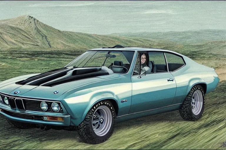 Image similar to intricate, 3 d, 1 9 6 7 bmw m 1 chevelle, style by caspar david friedrich and wayne barlowe and ted nasmith.