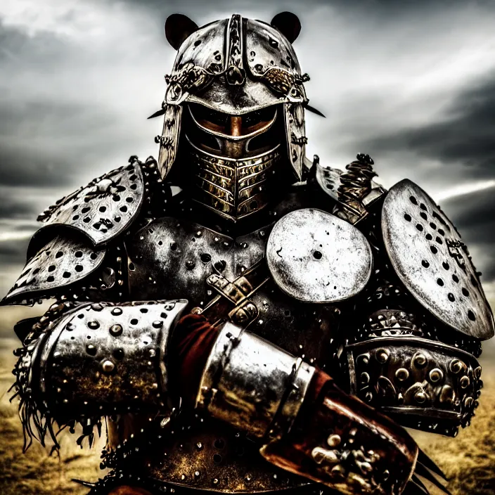 Image similar to photo of a warrior with metal putin with a bear themed armour, highly detailed, 4 k, hdr, smooth, sharp focus, high resolution, award - winning photo