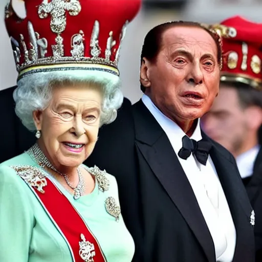 Prompt: Silvio Berlusconi Is crowned queen of England, photo-realistic, 8k, historical photo