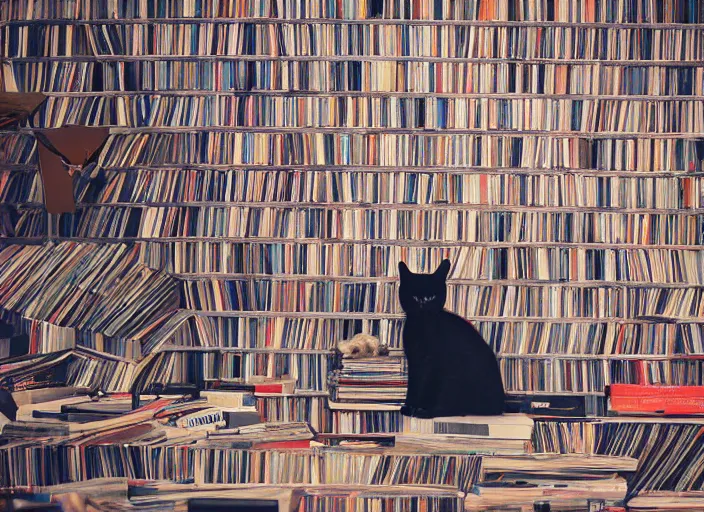 Image similar to photography of a Cat sitting on a pile of books and vinyls. a record player is in the shot. in a room full of vinyls and posters out of the 70's, photorealistic, raining award winning photo, 100mm, sharp, high res