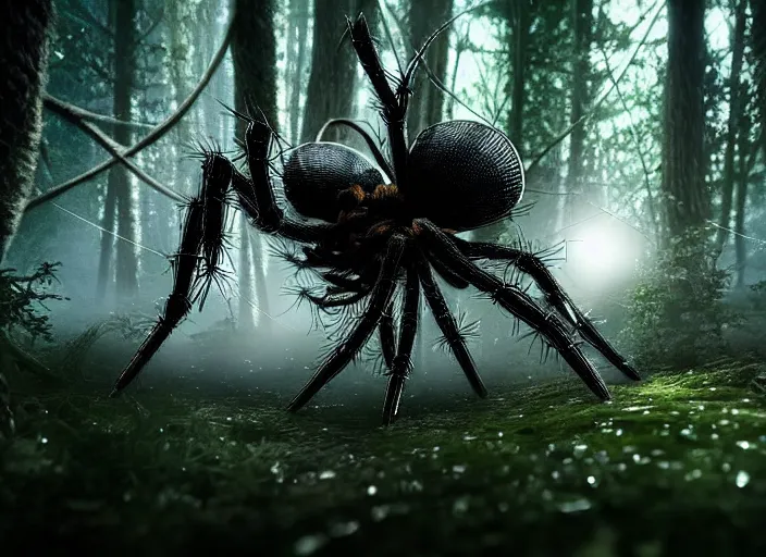 Prompt: knight fights off a crystal clear spider in a forest. highly detailed 8 k. intricate. lifelike. soft light. fantasy horror style. cinematic post - processing