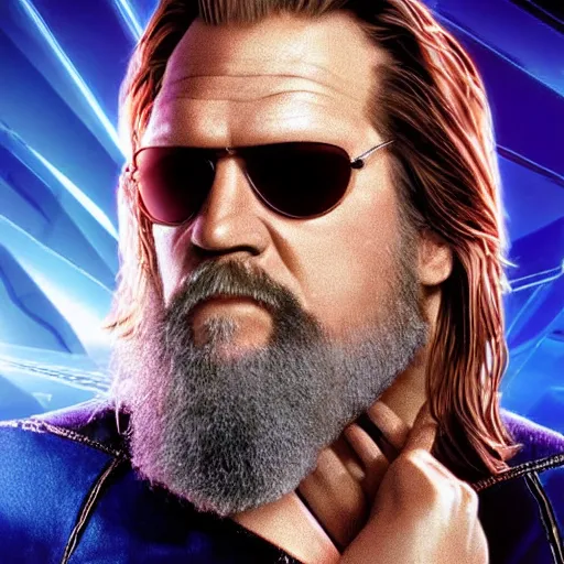 Prompt: dude lebowski played by jeff bridges ( accurate facial proportions ), in tron world, photorealistic movie still, detailed 8 k, poster style, high resolution