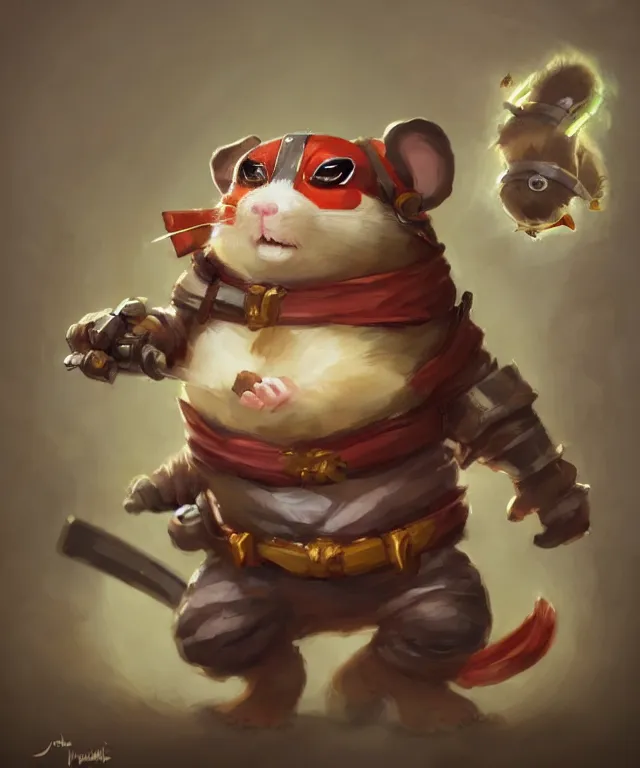 Image similar to anthropomorphic hamster ninja eating sushi, ninja outfit, standing in a buddhist temple, cute and adorable, dnd character art portrait, well rendered matte fantasy painting, deviantart artstation, by jason felix by steve argyle by tyler jacobson by peter mohrbacher, cinematic lighting