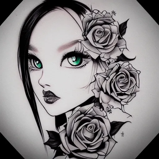Prompt: tattoo design, stencil, beautiful girls face, long black hair, roses and ivy surrounding by artgerm, artgerm, cat girl, anime