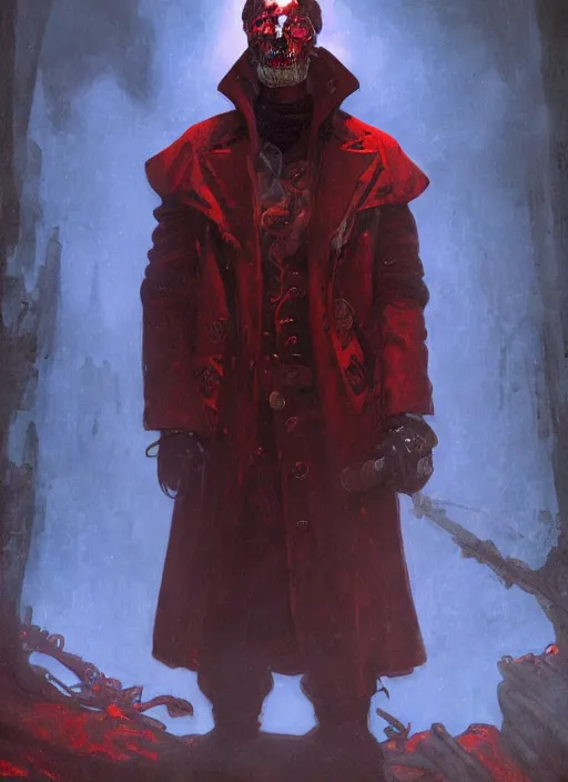 Prompt: a medium shot of a male necromancer wearing a red victorian era coat, backlighting, glowing red eyes, blue hour, lit from below with red lighting, high contrast, highly detailed, sharp focus, digital painting, concept art, illustration, trending on artstation, art by greg rutkowski + greg hildebrandt + alphonse mucha