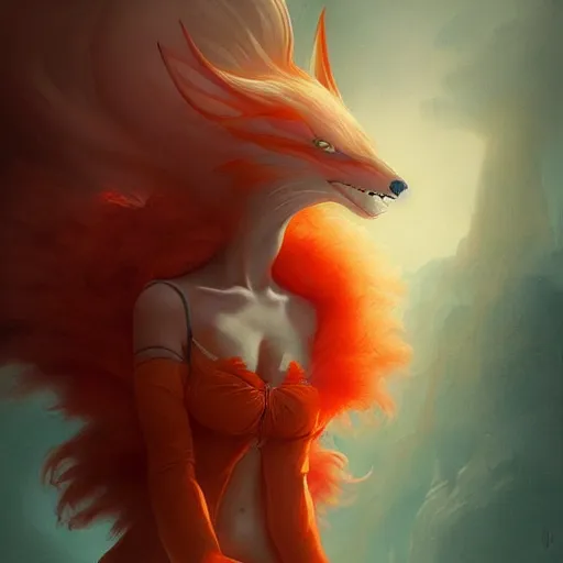 Image similar to prompt A beautiful red orange fluffy kumiho, concept art, matte painting, by Peter Mohrbacher