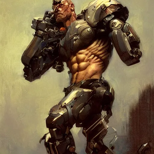 Image similar to muscular male cyborg, muscle, painting by gaston bussiere, craig mullins, greg rutkowski, yoji shinkawa