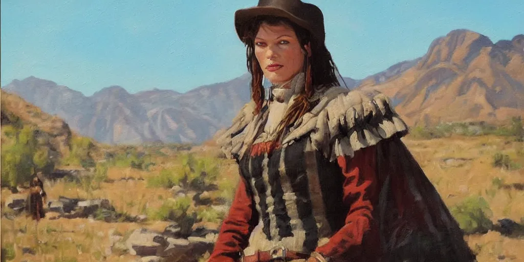 Prompt: oil painting portrait of beautiful Mila Jovovich as a frontier woman in a busy old west main street