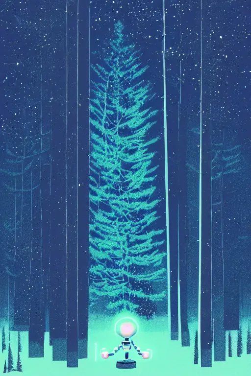 Prompt: A retro glossy white robot stands in the middle of a forest in the centre of the frame. softly glowing blue trees at night. The sky above has many stars and a beautiful blue aurora. Comet in the middle of the sky. The ground is icy and it is snowing. Cyril Roland naomi okubo. Trending on artstation. Digital painting.