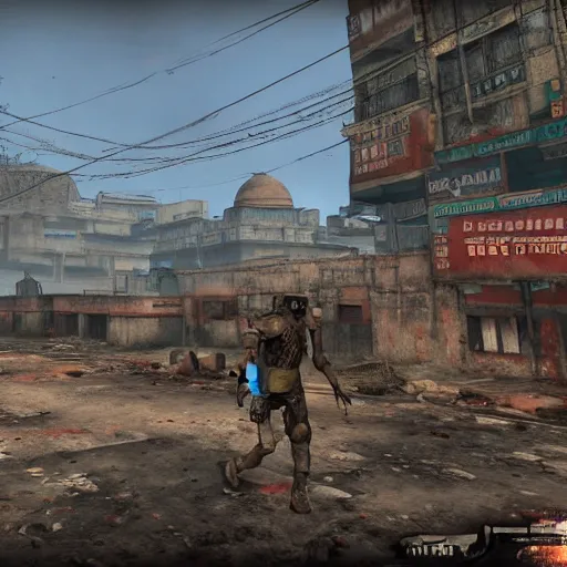 Prompt: new delhi, india in ruins post - nuclear war in fallout 4, in game screenshot