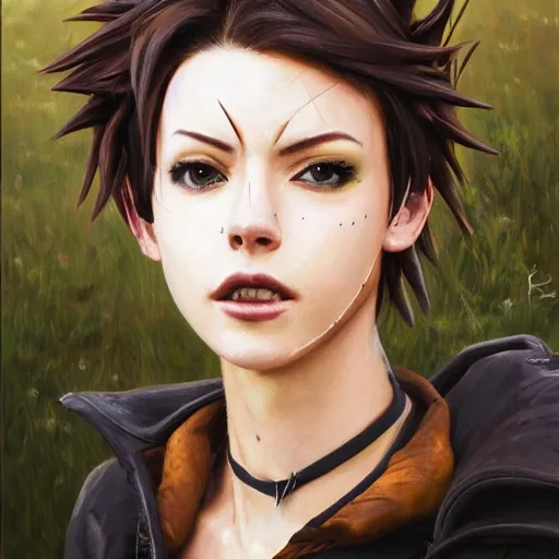 Image similar to oil painting of tracer overwatch in a field wearing spiked collar around neck, in style of greg rutkowski, expressive face, wearing choker, steel collar, steel choker, wearing collar on neck, detailed face, detailed eyes, full body, feminine face, tracer overwatch,