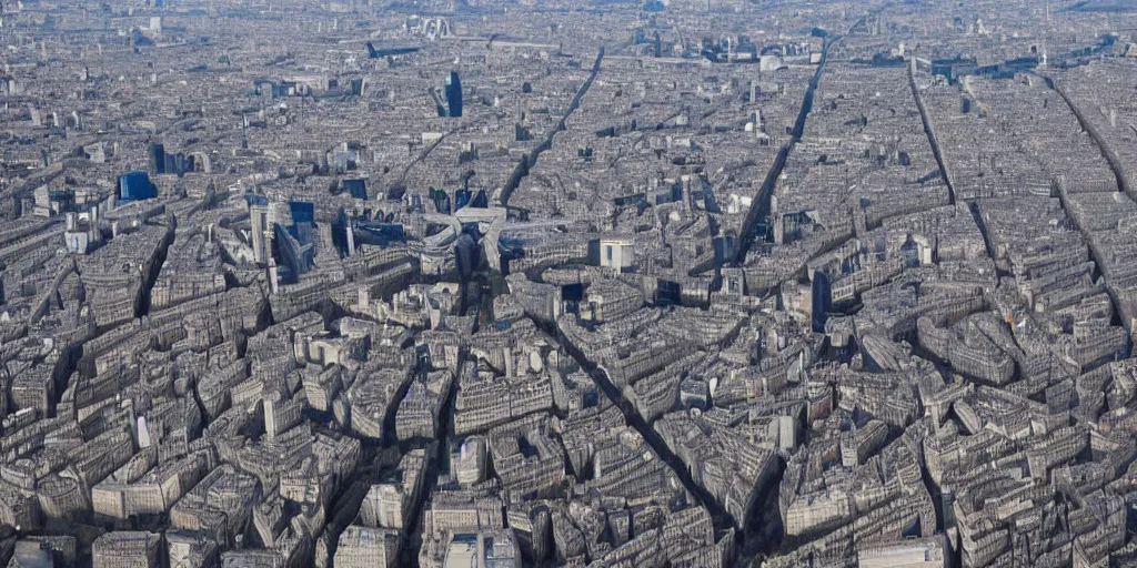 Image similar to paris en 3 0 0 0 avec des robots geants et des voitures volantes