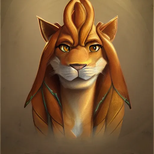 Image similar to portrait character design of an egyptian lion. deviantart adoptable, style of maple story and zootopia, portrait studio lighting by jessica rossier and brian froud in the style of disney, traditional